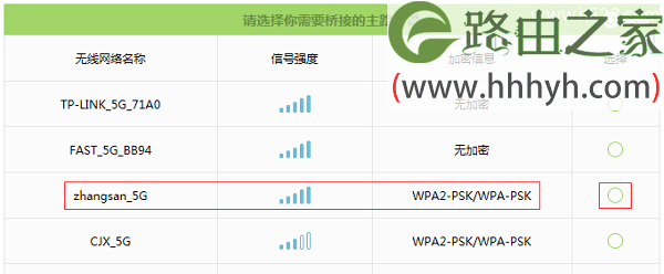 在扫描结果中，找到需要桥接的无线信号(本例中是：zhangsan_5G）