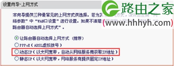 “上网方式”选择：“动态IP”