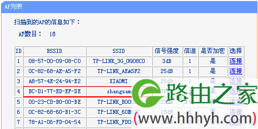 在扫描结果中连接台式电脑需要连接的无线WIFI信号