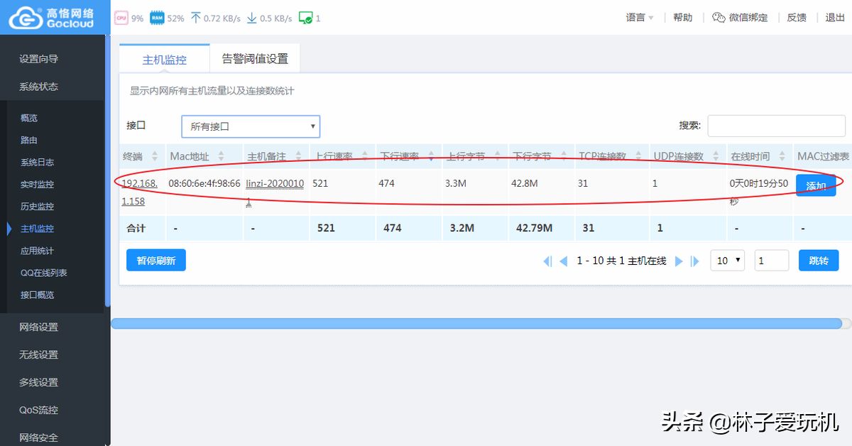 高恪固件系统状态中主机监控和应用统计